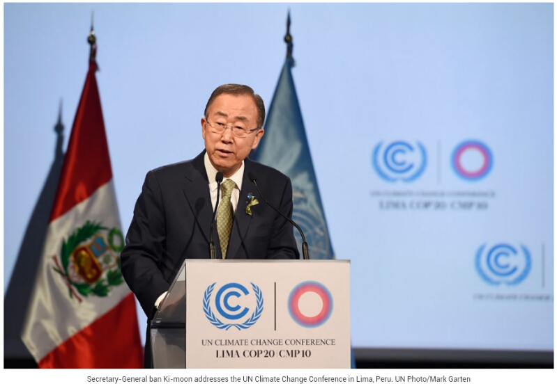 UN SG Ban Ki-moon addresses 2014 Lima Climate Conference UN photo by Mark Garten